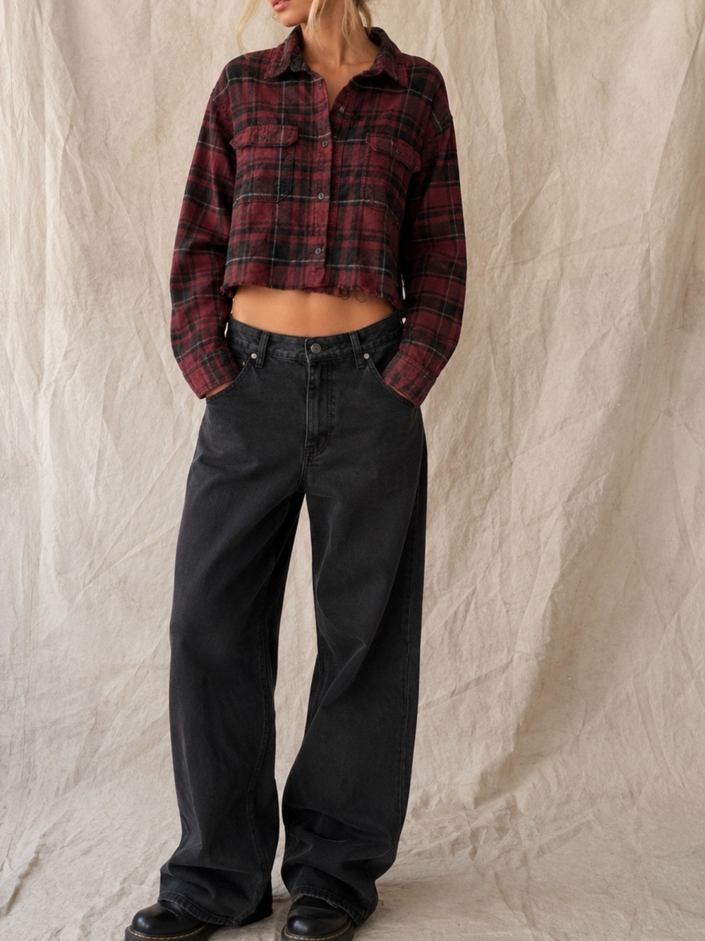 George Cropped Distressed Plaid Flannel Shirt Grunge Y2K Red Black L